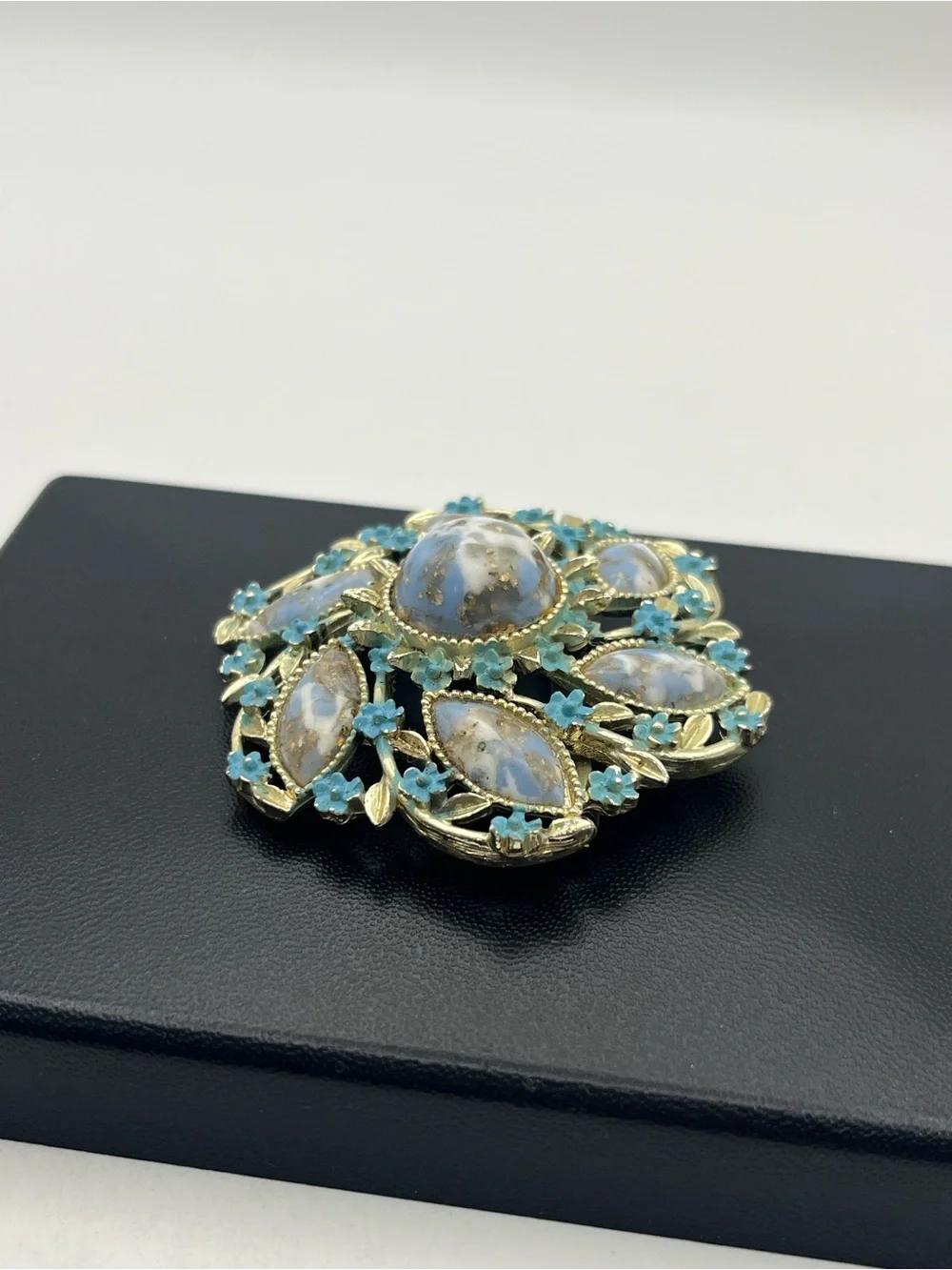 Blue faux stone cabochon painted enamel flower gold tone brooch pin vintage
